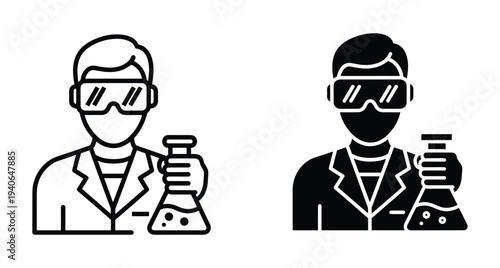 Scientist chemist researcher holding laboratory flask wearing safety goggles lab coat professional medical science research experiment icon set for web design