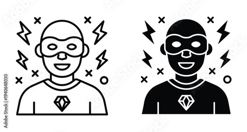Superhero character icon set featuring a masked man with diamond logo on chest and lightning bolt energy sparks in outline and solid styles