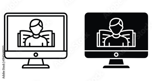 Online education icon set featuring computer monitor with student and open book for e learning webinar digital classroom and distance study