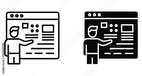 User interface designer presenting web dashboard layout with person pointing at browser window screen elements in outline and solid style
