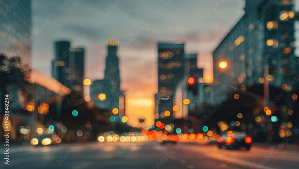Fototapeta premium Blurred Cityscape at Sunset with Car Lights and Urban Buildings.