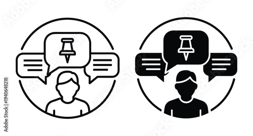 Pinned message icon set featuring person with speech bubbles and thumbtack symbol for important notifications chat priority and social communication