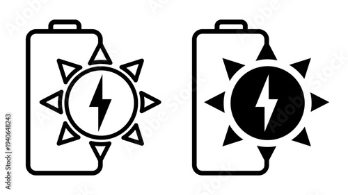 Solar panel energy battery icon with sun rays and power bolt. Outline vector design for renewable solar technology, photovoltaic charging system, and clean electricity solution.