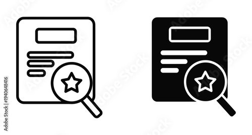document search icon with magnifying glass and star symbol for favorite file review audit inspection quality check data analysis