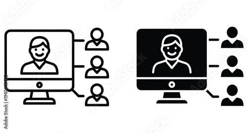 Video conference icon set showing online meeting with team members on computer screen for remote work and digital communication collaboration