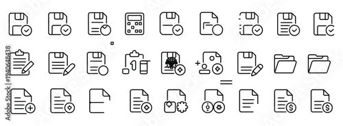 Set of document and file management icons with checkmarks and folders
