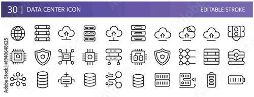 Data center and technology icons for servers, processors, and network infrastructure