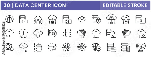 Data center technology icons for cloud services, servers, and network connections