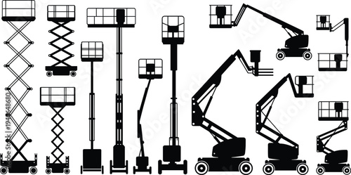 Flat vector silhouettes of mobile aerial lifts, scissor lifts, boom platforms