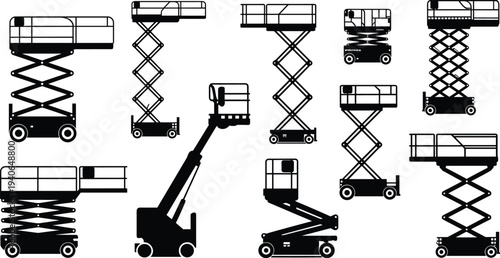 Flat vector silhouettes of scissor lifts, boom lifts, aerial platforms