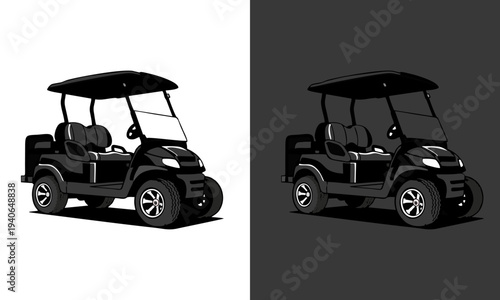 Golf cart viewed from the side on a plain background showcasing its sleek design and features