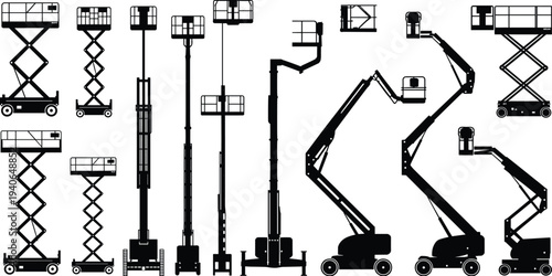 Flat vector silhouettes of construction aerial lifts, scissor lifts, boom platforms