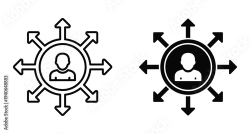 Person icon with arrows pointing in multiple directions representing distribution network communication influence leadership social media reach expansion and connectivity