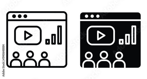 Webinar icon set showing browser window with video player play button bar chart analytics and audience people for digital marketing