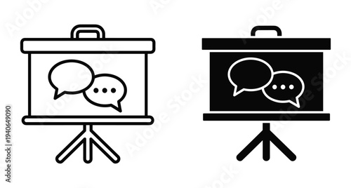 Presentation screen icon set with speech bubbles representing business communication meeting seminar training workshop discussion dialogue talk speech and collaboration