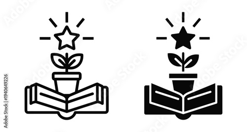 Open book with growing plant and shining star icon representing knowledge development education success learning wisdom and personal academic growth