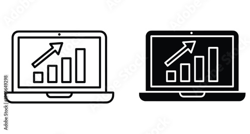 Laptop computer showing rising bar graph and arrow representing business growth financial success data analysis and digital marketing progress report