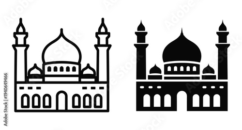 Mosque icon set featuring outline and solid black silhouettes of Islamic religious architecture with domes and minarets for graphic design