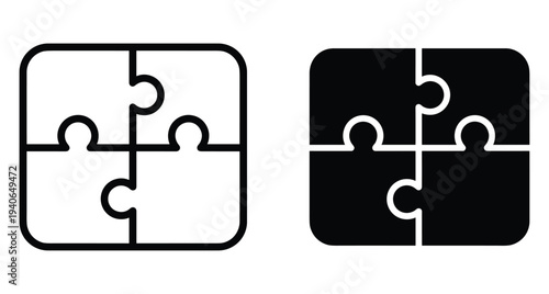 Puzzle icon set with four interlocking pieces in outline and solid black styles for business strategy and teamwork concepts
