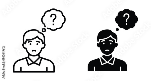 Thinking man icon set with question mark in thought bubble representing confusion doubt problem solving decision making and uncertainty for web design