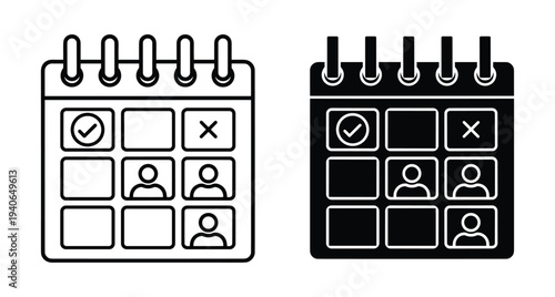 Calendar icon set showing schedule planning with checkmark cross and person symbols for appointment management event tracking and attendance organizer