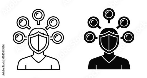 Person icon with shield and magnifying glasses representing privacy protection data security identity verification surveillance monitoring and personal safety measures