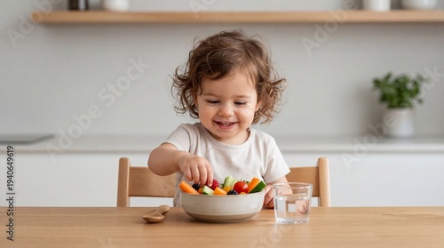 Happy little girl eating fresh vegetables and berry from bowl at table. Healthy nutrition and organic food for toddler. Lunchtime in kitchen interior. Concept of childhood lifestyle.