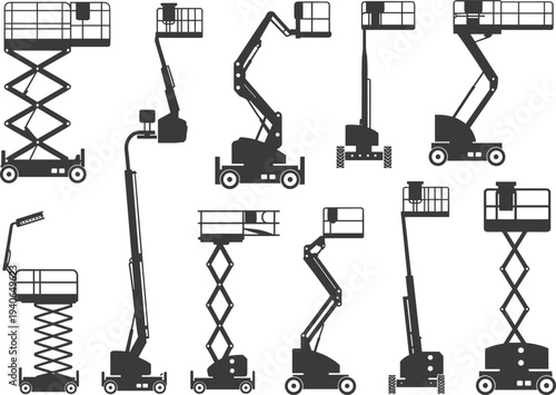 Aerial work platform lift equipment silhouettes collection isolated industrial machinery set flat vector