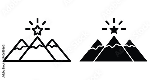 Mountain peak with star icon representing achievement success goal reaching summit adventure nature landscape outdoor climbing hiking exploration symbol set
