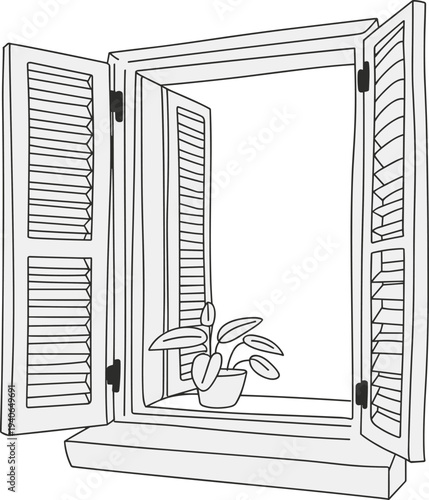 Open window with shutters, potted plant decor, minimal home design, flat vector