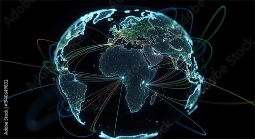 A glowing digital representation of the Earth with interconnected lines and networks against a black background