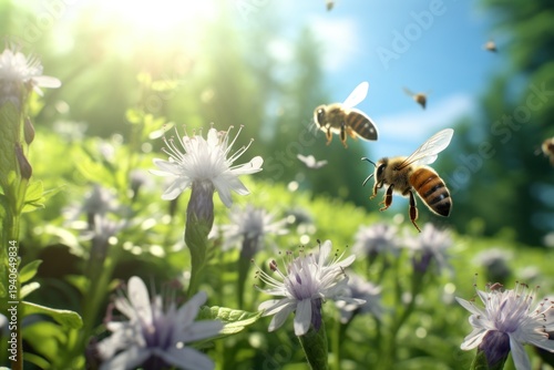 Bees Flying Over Field of Flowers