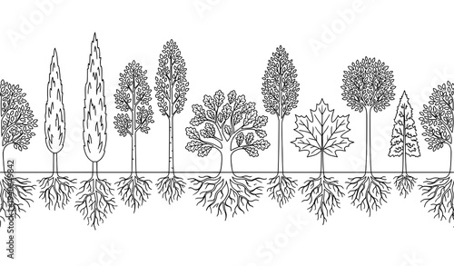 Set of tree outline vectors showing leafy canopy and root systems for garden design