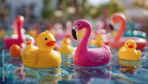 Rubber ducks and flamingos floating in a swimming pool on a sunny day.