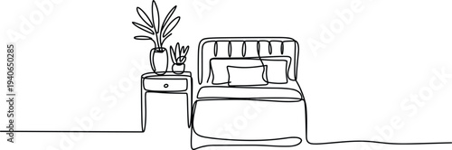 Minimalist continuous line bedroom interior, modern bed nightstand plants flat vector
