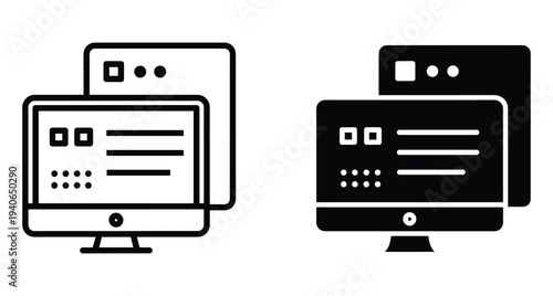 Computer monitor screen with browser window interface icons in outline and solid glyph styles for web design software application dashboard development