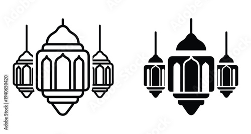Islamic lantern icons set featuring traditional fanous lamps in outline and solid silhouette styles for Ramadan Kareem and Eid Mubarak