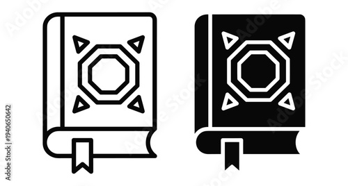 Magic spell book icon set with geometric symbol on cover and bookmark for fantasy games library education and literature study