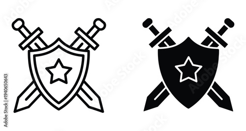 Crossed swords behind shield with star icon in outline and solid black flat vector style for gaming security defense and medieval heraldry