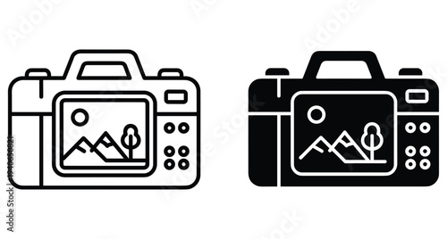 Digital camera icon set showing landscape photo on screen with outline and solid glyph styles for photography and media design