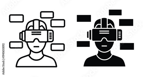 Virtual reality headset user icon set with person wearing goggles and floating digital interface elements in outline and solid style