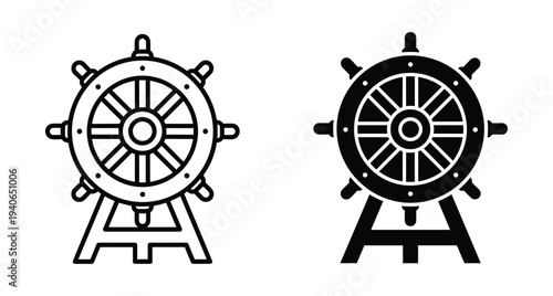 Nautical ship wheel helm icons in outline and solid silhouette styles on a stand for maritime navigation and marine design