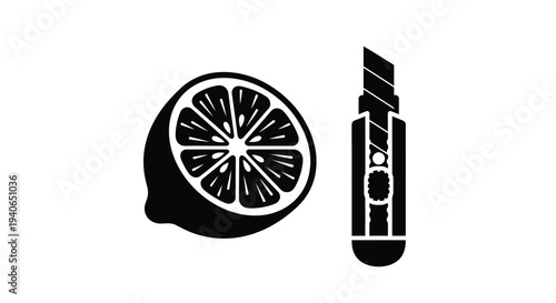 A halved citrus fruit and a utility knife in a black and white illustration