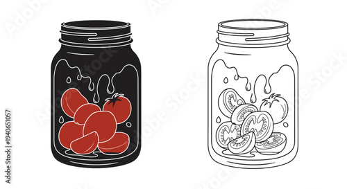 Two mason jars filled with sliced and whole tomatoes in contrasting styles