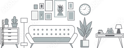 Modern living room interior, flat vector, minimalist home decor illustration design