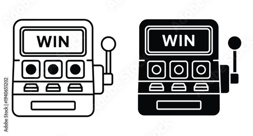 Slot machine icons in outline and solid black styles displaying the word win for gambling and casino gaming concepts
