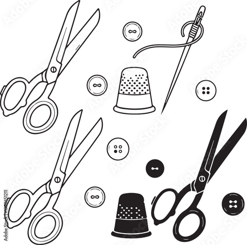 Sewing tools and supplies including scissors and thimbles