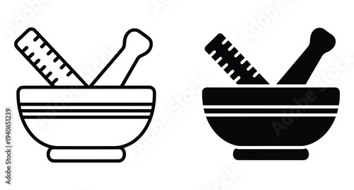 Mortar and pestle icon set including ruler for pharmacy laboratory medicine chemistry grinding mixing herbal apothecary medical science equipment