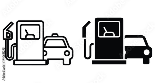 Gas station fuel pump and car icons in outline and solid glyph styles for automotive service and refueling concepts