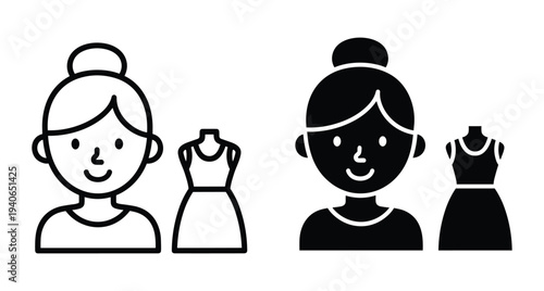Female fashion designer icon set with dress mannequin symbol for tailor shop seamstress clothing boutique and apparel design business